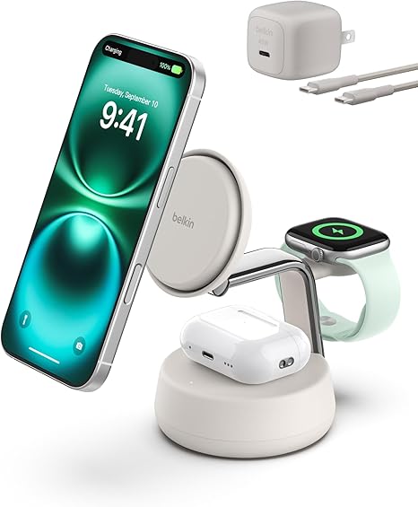 Belkin MagSafe Charger Compatible, 3-in-1 Charging Station, Qi2.2 25W with Cooling Fan (On/Off Control) Magnetic Wireless Charger Stand for iPhone 16/15/14, Apple Watch, AirPods (45W Adapter Included)