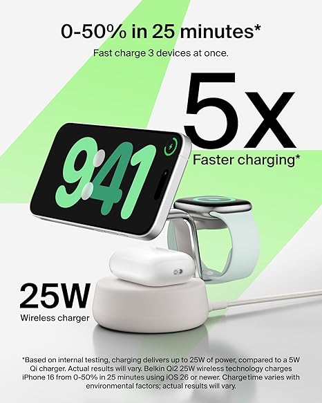 Belkin MagSafe Charger Compatible, 3-in-1 Charging Station, Qi2.2 25W with Cooling Fan (On/Off Control) Magnetic Wireless Charger Stand for iPhone 16/15/14, Apple Watch, AirPods (45W Adapter Included)