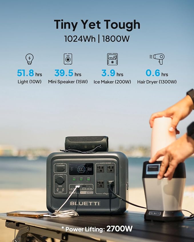 BLUETTI Elite 100 V2 (2025 New) Solar Generator, 1024Wh LFP Battery Backup w/ 4 1800W AC Outlets (3600W Surge), 35% Smaller, Portable Power for Camping, Outages, and UPS Backup (Solar Panel Optional)