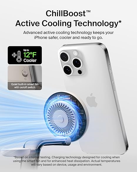 Belkin MagSafe Charger Compatible, 3-in-1 Charging Station, Qi2.2 25W with Cooling Fan (On/Off Control) Magnetic Wireless Charger Stand for iPhone 16/15/14, Apple Watch, AirPods (45W Adapter Included)
